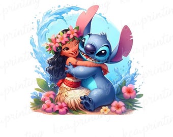 Stitch Summer Vibes Watercolor Splash Png, Stitch Floral Png, Estetica arcobaleno dei cartoni animati, Alta risoluzione 300 Dpi, Download di file digitali
