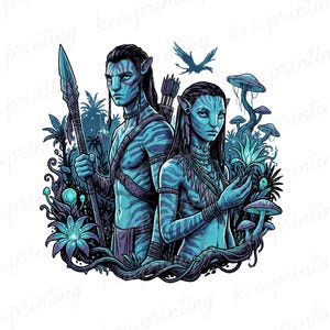 May include: A digital illustration of two Na'vi characters from the movie Avatar, surrounded by stylized flora. The characters are blue with striped patterns, one holding a spear and the other holding a glowing object. A flying creature is in the background.
