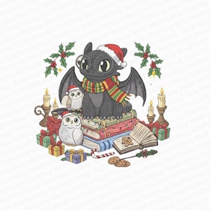 May include: A festive cartoon illustration featuring a black dragon in a Santa hat, glasses, and a scarf, perched on books. Two owls in Santa hats, gifts, candles, and biscuits complete the Christmas scene.