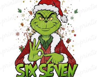 Può includere: Un personaggio dei cartoni animati verde con un cappello da Babbo Natale e un cappotto rosso, che fa un gesto con la mano. Il testo "SIX SEVEN" è visualizzato in verde sotto. Elementi festivi come fiocchi di neve e regali sono sparsi.