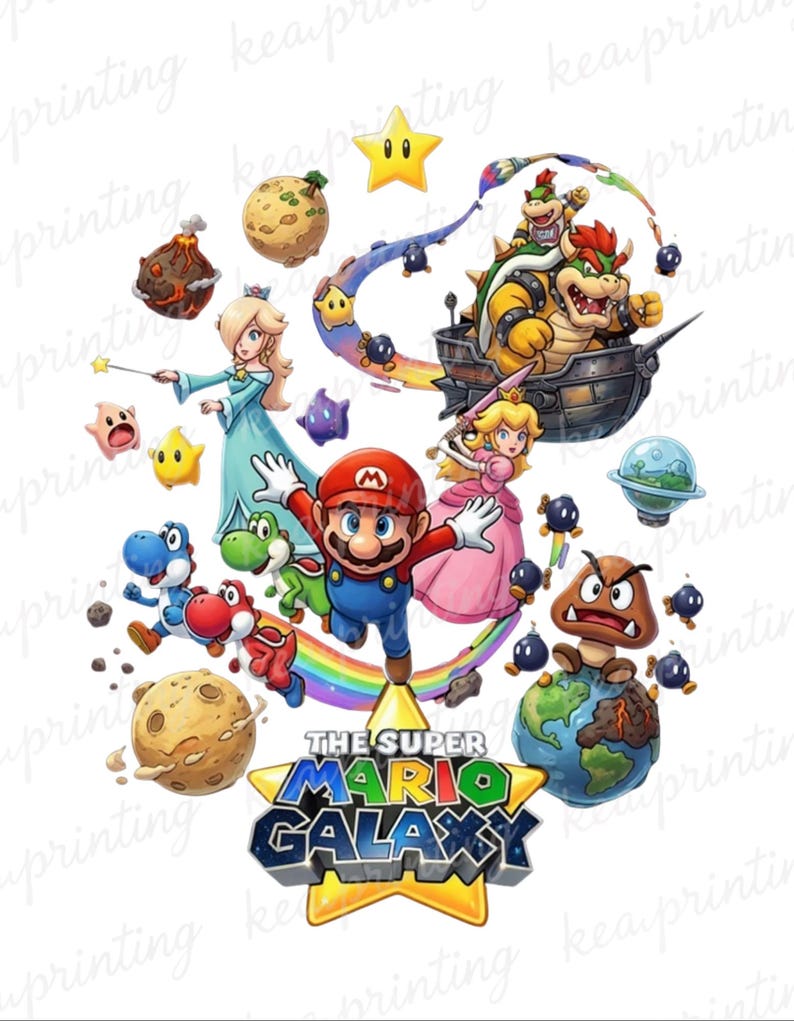 May include: A colourful illustration of characters from the Super Mario Galaxy game. Mario is central, with Yoshi, Princess Peach, Bowser, and others around him. The text "THE SUPER MARIO GALAXY" is displayed on a star-shaped emblem.