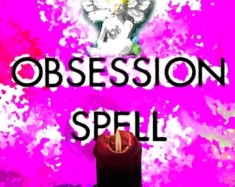 Może przedstawiać: Cyfrowo ulepszony obraz z żywym różowym tłem i słowami "OBSESSION SPELL" pogrubioną czarną czcionką. Płonąca czerwona świeca znajduje się na dole, a biała postać anioła na górze.