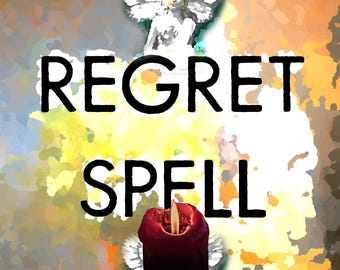 Puede incluir: Imagen artística con las palabras "REGRET SPELL" en negrita negra. Una vela roja encendida con alas de ángel blancas en la parte inferior. Una figura de ángel blanco con alas en la parte superior, sobre un fondo colorido.