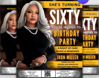 Gold 60th Birthday Magazine Invitation, Digital  Modern Party Flyer for  DIY  Gold Template, 60th Dinner, Glam Party Flyer, Canva Editable