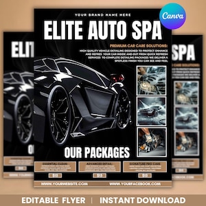 Może przedstawiać: Czarno-biała ulotka dla Elite Auto Spa, z elegancką czarną grafiką samochodu. Ulotka podkreśla rozwiązania premium w zakresie pielęgnacji samochodów i pakiety detailingu. Tekst zawiera "Nasze pakiety" i adresy stron internetowych. Ulotka jest edytowalnym projektem.