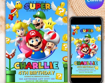 Editable Super Mario Birthday Invitation | Printable Colorful Mario Party Invite for Kids Boys Girls
