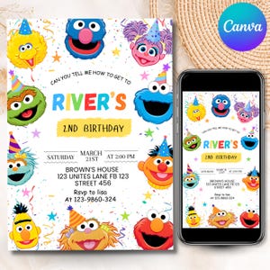 May include: A colorful birthday invitation featuring Sesame Street characters. The invitation includes the text "River's 2nd Birthday" and event details. A smartphone displays the same design.