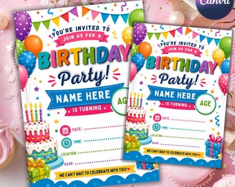 Editable Birthday Invitation Template, Kids Party Invite, Canva Design (Instant Download)