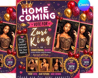 Editable Homecoming Queen Flyer, Pink Gold Leopard Campaign Poster (Digital Download)
