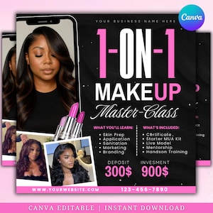 May include: A promotional graphic for a 1-on-1 makeup masterclass. The design features a black background with pink accents, including the text "1-ON-1 MAKEUP Master-Class." The image includes a photo of a woman and lipstick tubes. The graphic also lists what will be learned and included.