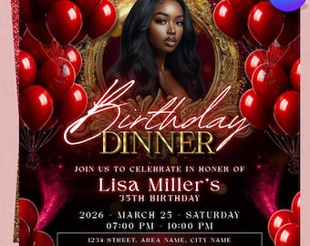 Red and Gold Birthday Dinner Invitation, Editable Canva Template (Digital Download)
