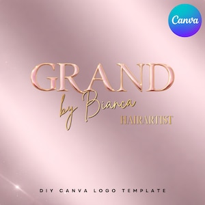 May include: A logo template with a pink and gold color scheme. The word "GRAND" is in large, elegant letters, with "by Bianca" in a cursive font below it. "HAIRARTIST" is written below that. A Canva logo is in the upper right corner.
