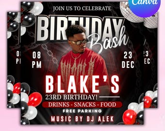 Men's Birthday Party Flyer, Customizable Canva Template (Digital Download)