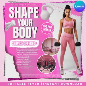 Może przedstawiać: Różowy ulotka fitness z napisem "Shape Your Body". Zawiera obrazy sprzętu do ćwiczeń i kobietę w różowym stroju do ćwiczeń trzymającą hantle. Ulotka wymienia oferowane usługi, takie jak spersonalizowane sesje treningowe.
