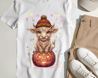 Halloween Highland Cow PNG, Retro Pumpkin Graphic, Fall Shirt Design (Digital Download)