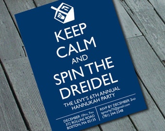 May include: A blue invitation card with white text that reads "Keep Calm and Spin the Dreidel". The card is for The Levy's 6th Annual Hanukkah Party on December 10th at 7pm. The address is 372 Rollins Road, Boston, MA 02135. RSVP by December 2nd to tgmwhy75@gmall.com or (781) 244-2348.