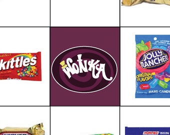 May include: A collage of nine different candy wrappers, including Wonka, Snickers, Mike and Ike, Jolly Rancher, Tootsie Roll, and Skittles.