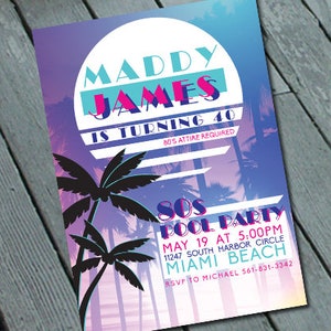 80's Miami Vice Theme Pool PARTY Invitation: Digital printable file printing available upon request image 1