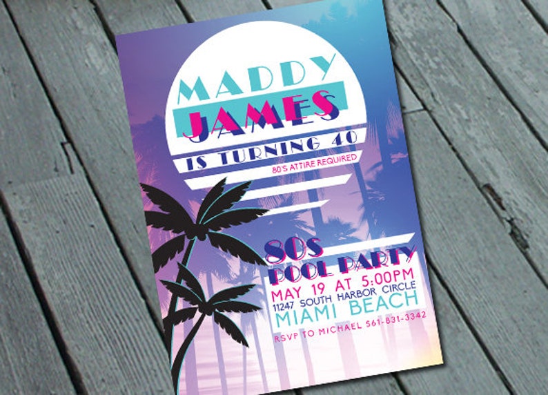 80's Miami Vice Theme Pool PARTY Invitation: Digital printable file printing available upon request image 1