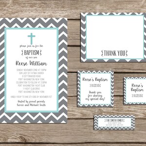 Baby Boy Chevron Border Baptism Christening Invitation Set