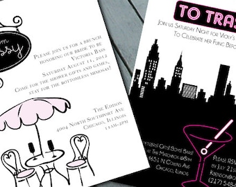 May include: Two invitations for a bridal shower and bachelorette party. The first invitation is black and white with a  'from Classy' sign and a pink umbrella. The second invitation is black and white with a cityscape and a pink cocktail glass. The text on the first invitation reads 'Please join us for a brunch honoring our bride to be Victoria Bass Saturday August 11, 2012 Come for the shower gifts and games, stay for the bottomless mimosas!'. The text on the second invitation reads 'To trashy Join us Saturday night for Vicky's bachelorette party to celebrate her fun before the ring!'