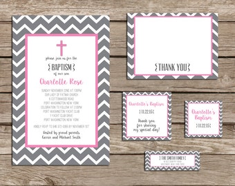 May include: A gray and pink chevron patterned invitation for a baptism. The invitation includes the name Charlotte Rose, the date and time of the ceremony, and the location. It also includes a thank you card with the same chevron pattern and the text "Thank You".