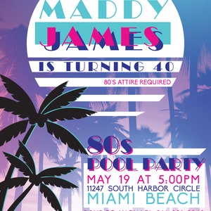 80's Miami Vice Theme Pool PARTY Invitation: Digital printable file printing available upon request image 2