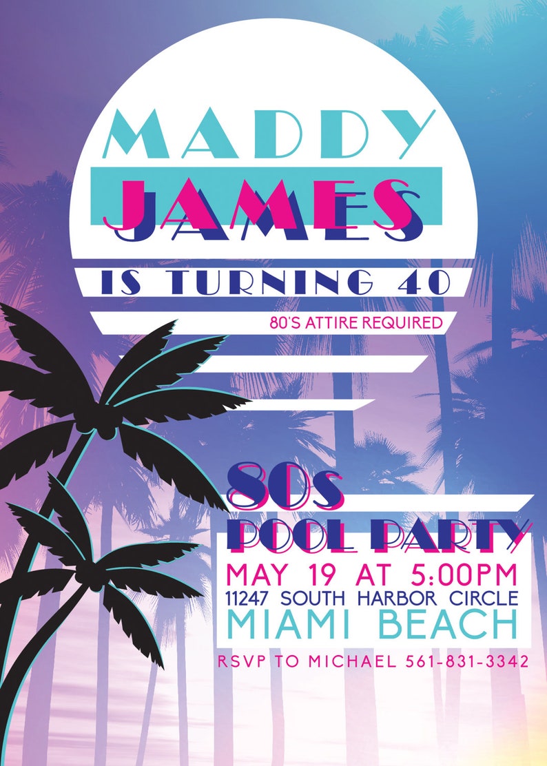 80's Miami Vice Theme Pool PARTY Invitation: Digital printable file printing available upon request image 2