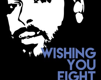 May include: Black and white illustration of a person's face with a beard. The text "WISHING YOU EIGHT ME-SHUG KNIGHTS" is written in blue below the face.