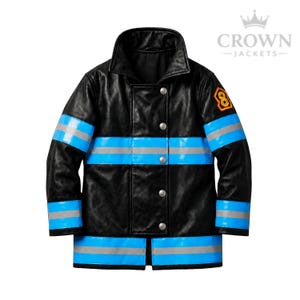 May include: Black firefighter jacket with blue and silver reflective stripes. The jacket has a high collar, button closures, and a patch with the number 8. The Crown Jackets logo is in the upper right corner.