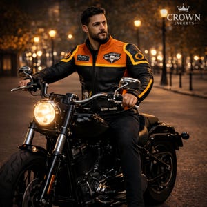Men's Leather Biker Jacket – Orange Black Skull Patches, Motor Climb Ride Hard