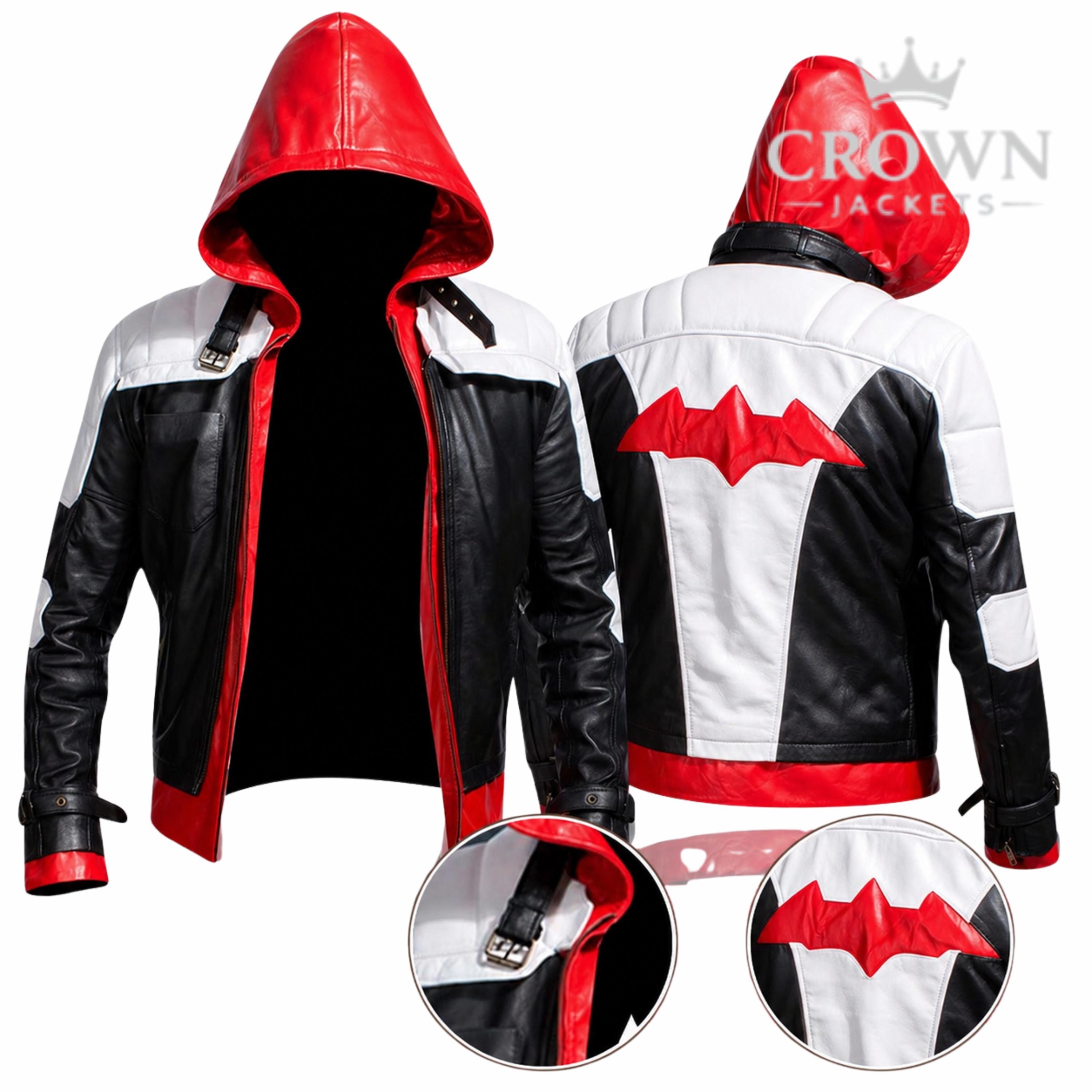 Men's Bat Inspired Leather Jacket: Red Black Hooded Biker Cosplay ...
