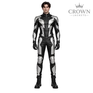 Può includere: Una tuta in pelle nera e argento con cerniera frontale a tutta lunghezza, collo alto e pannelli rinforzati su spalle, petto e gambe. Il capo include guanti e stivali neri, con il testo CROWN JACKETS visibile nell'angolo in alto a destra.