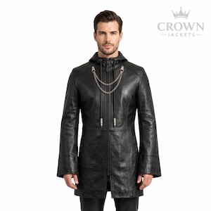 May include: Black leather hooded coat with a silver chain detail. The coat has a zipper closure and flared sleeves. The Crown Jackets logo is visible in the upper right corner.