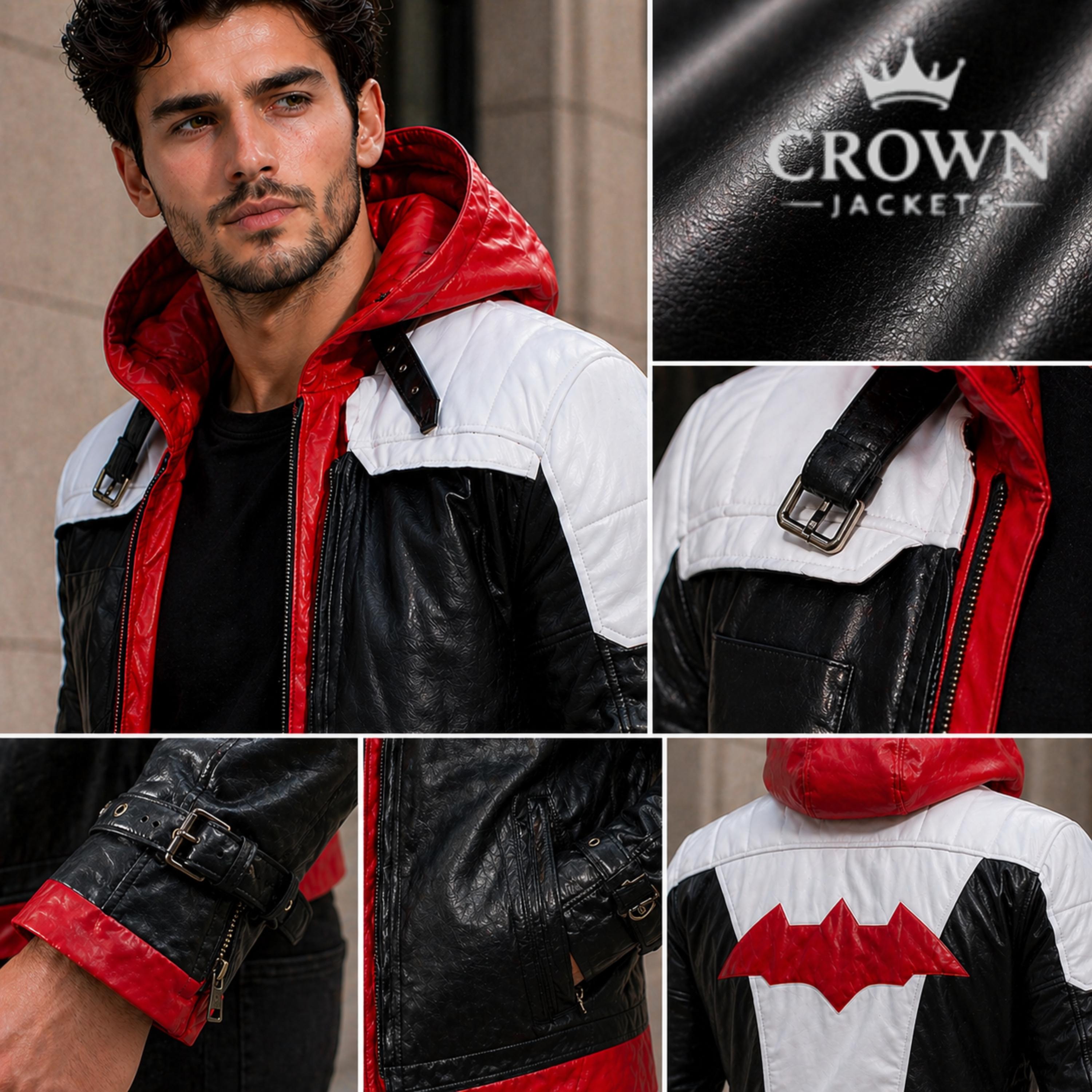 Men's Bat Inspired Leather Jacket: Red Black Hooded Biker Cosplay ...