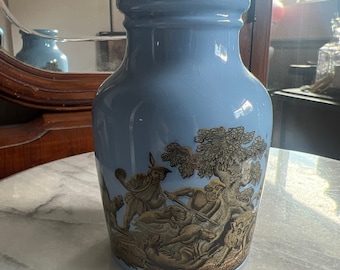 1860s Blue Prattware Boar hunt transfer 19th century mustard jar-Nice condition mid 19th century pottery jar