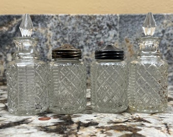 Vintage glass salt pepper oil vinegar serving set, cruet silver holder vinegar jar salt shaker pepper shaker oil jar