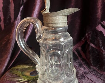 Antique EAPG Syrup Pitcher with Metal Lid, Late 1800s