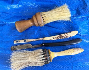 Antique straight razors/ barber brushes natural hair shaving brushes/2 vintage barber razors 2 shaving cream brushes/ barber shop decoration