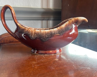 HULL vintage gravy, boat brown drip glaze 1960s USA pottery