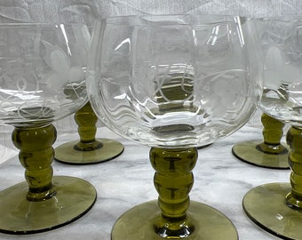 Mid century modern goblets green stemmed stacked balls etched grapevines clear glass/ beautiful vintage olive green stemware barware cordial