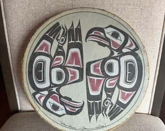 Vintage Haida Hand Drum/Native Canada Fish Hawk drum/ Native Indian Clarence A Wells/ blackfish whale unique Hand drum/Artist Signed drum