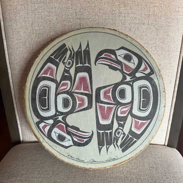 Vintage Haida Hand Drum/Native Canada Fish Hawk drum/ Native Indian Clarence A Wells/ blackfish whale unique Hand drum/Artist Signed drum