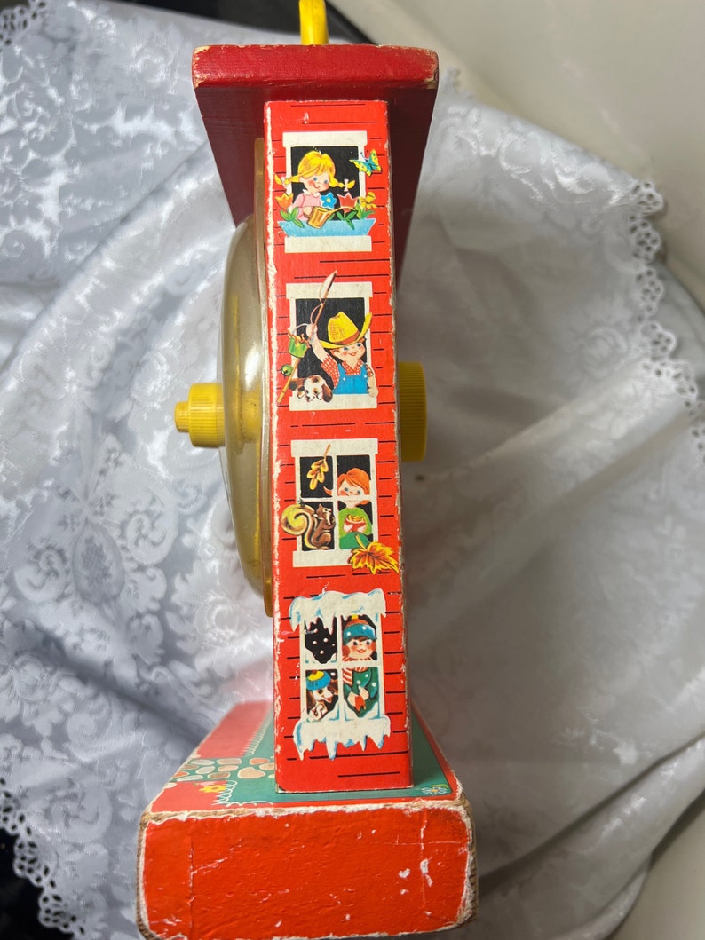 Vintage Fisherprice Schoolhouse Clock, 1968 Musical Wind up Childs Learning Time Clock Mid