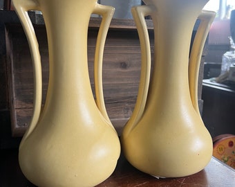 McCoy pottery double handled vases/vintage yellow USA pottery vase/