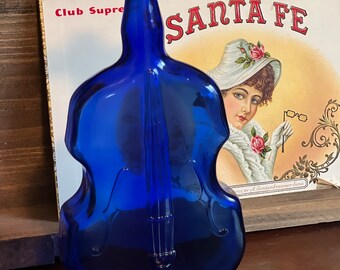 Violin vintage blue glass cello-blue glass violin-8 inch glass collectible violin-blue glass b ole shaped in violin design