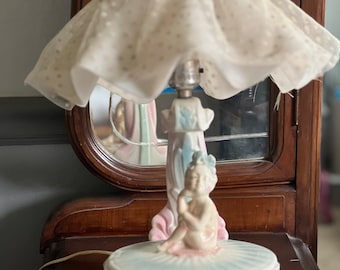 Vintage cherub ceramic lamp/jewelry holder base with lid/pink blue nursery lighting/1930s 1940s child’s room light/nursery lamp