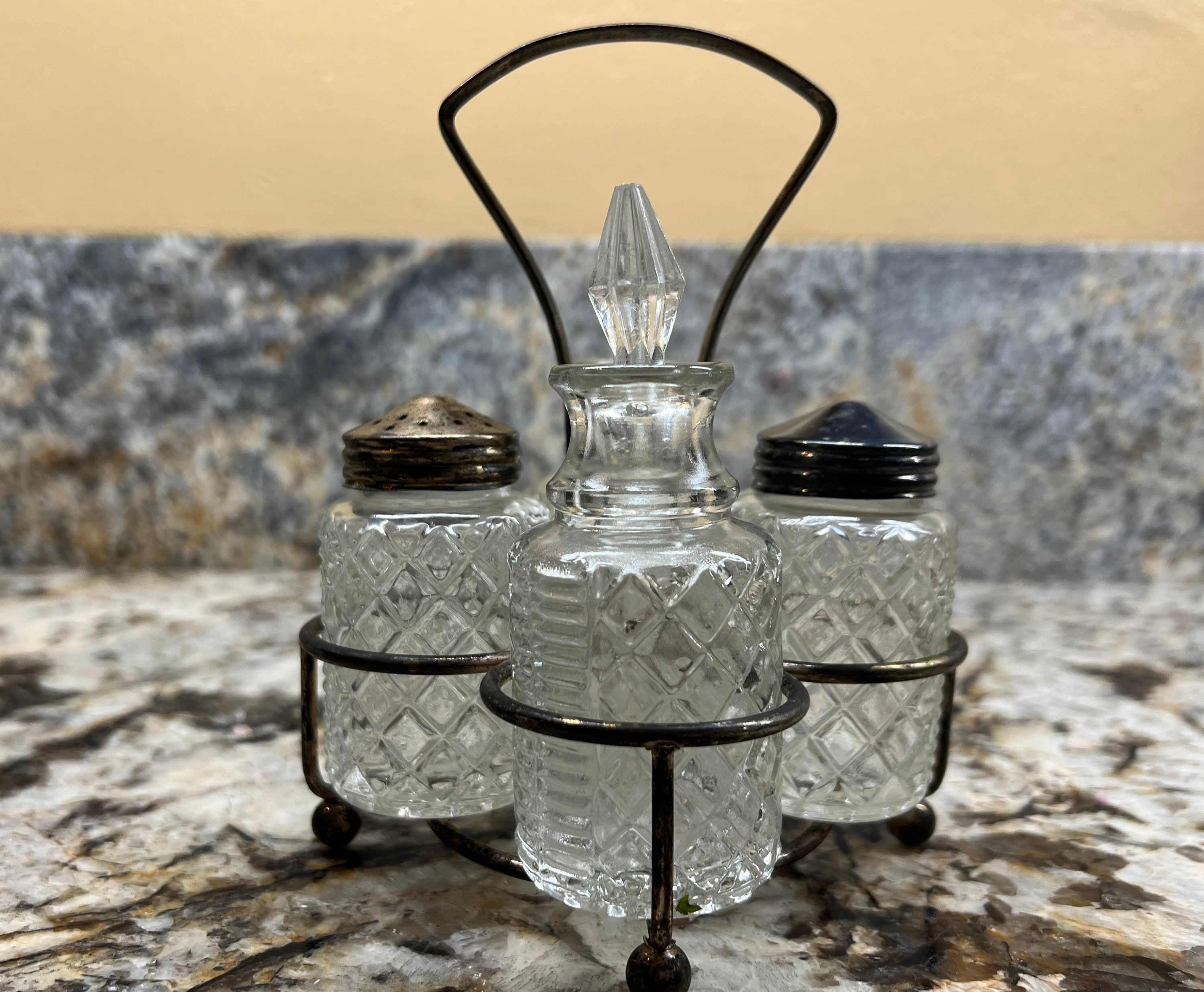 Vintage Glass Salt Pepper Oil Vinegar Serving Set, Cruet Silver Holder
