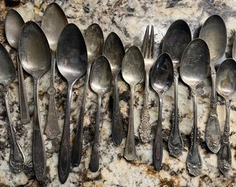 Vintage silverware/old spoons jewelry making supply/old spoons/ ornate silverware/antique spoons/old fork/spoon ring supply/chimes supply