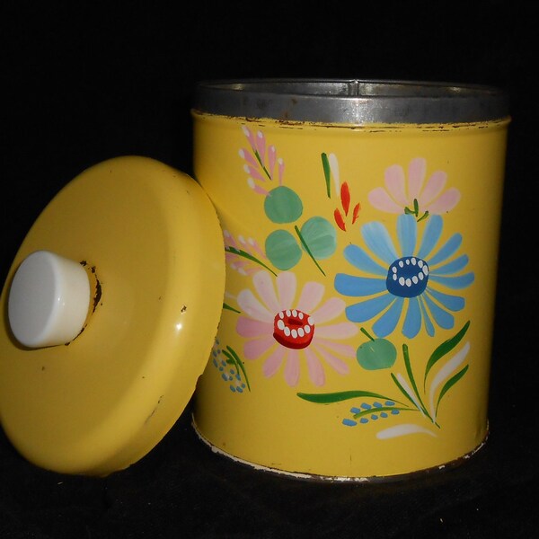 RESERVED 4 Ritsuko VINTAGE RANSBURG canister Yellow hand painted blue flowers pink flower treasury item vintage kitchen storage container